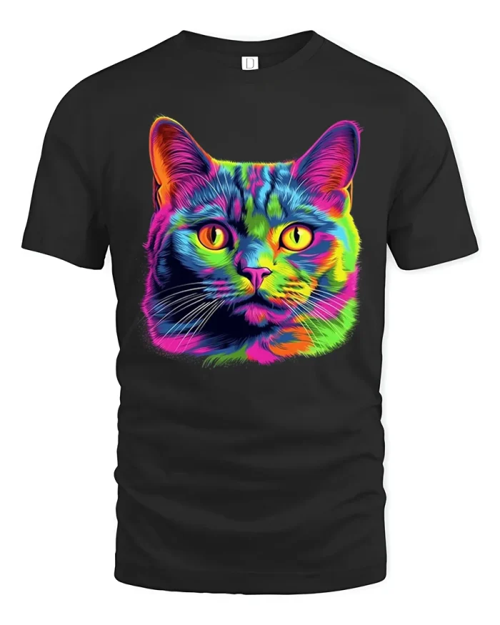Colorful Neon Psychedelic Cat Portrait Soft Cotton T Shirt - black t-shirt on white background