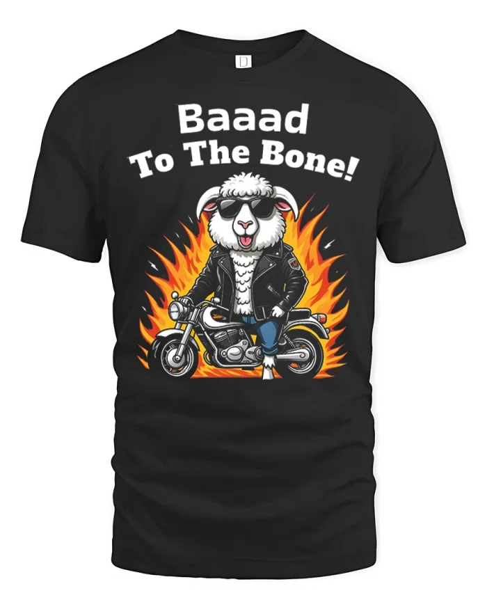 Baaad To The Bone Biker Sheep Graphic Soft Cotton T Shirt - black t-shirt on white background