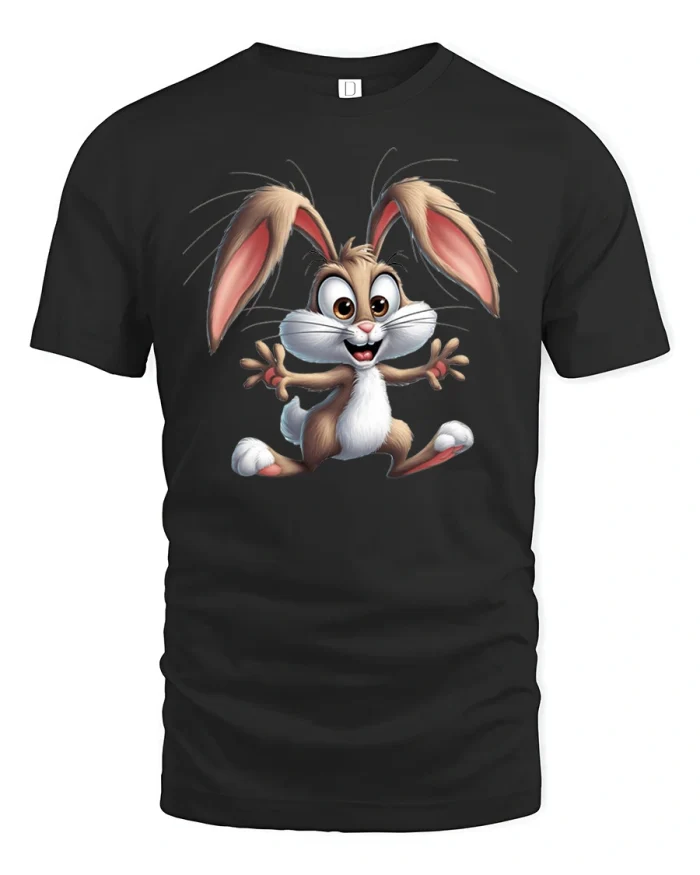 Cute Jumping Cartoon Bunny Graphic Soft Cotton T Shirt - black t-shirt on white background
