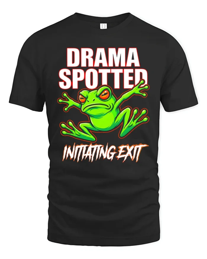 Drama Spotted Initiating Exit Funny Frog Cotton T Shirt - black t-shirt on white background