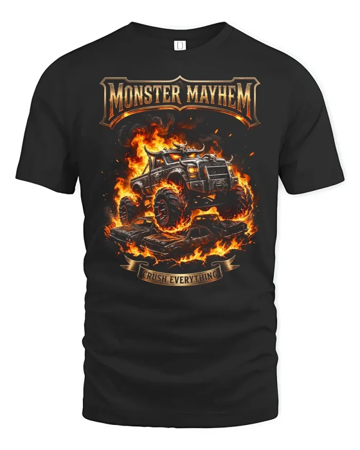 Monster Mayhem Fire Monster Truck Soft Cotton T Shirt - black t-shirt on white background