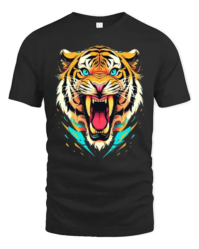 Fierce Roaring Tiger Blue Eyes Graphic Cotton T Shirt - black t-shirt on white background