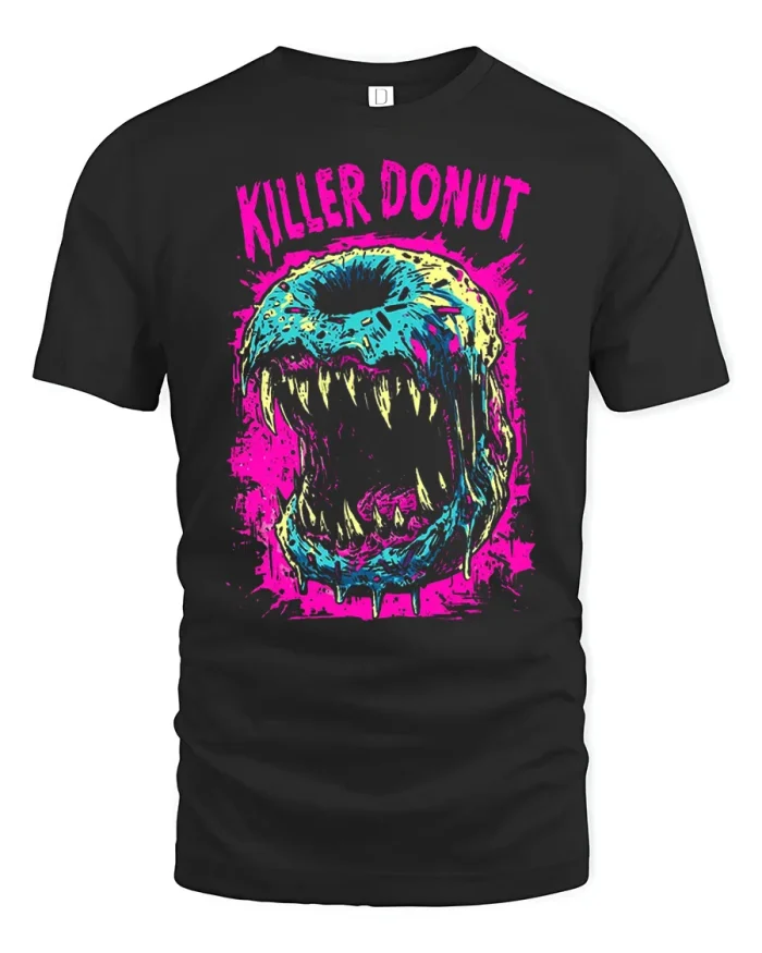 Killer Donut Monster Neon Horror Graphic Cotton T Shirt - black t-shirt on white background