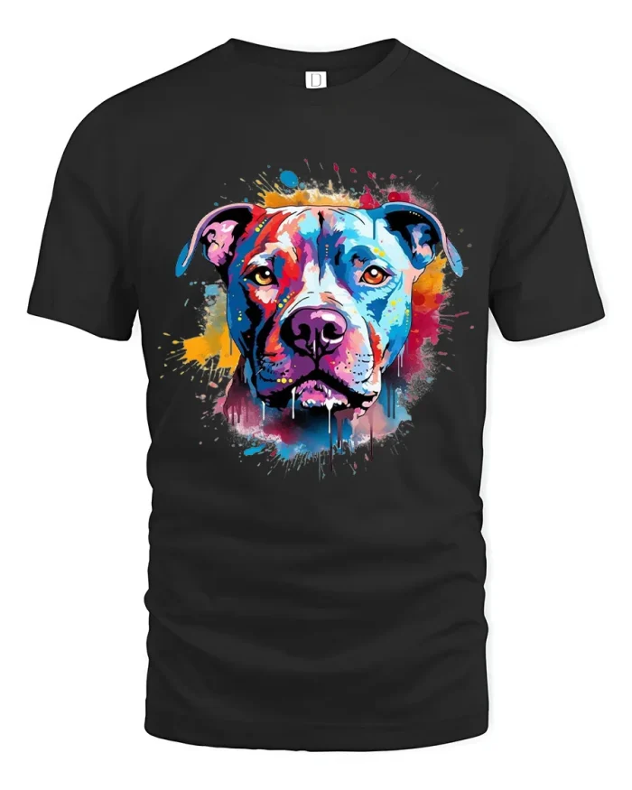 Colorful Pitbull Watercolor Dog Portrait Soft Cotton T Shirt - black t-shirt on white background