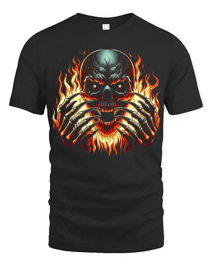 Flaming Skull Demon Claws Fire Graphic Cotton T Shirt - black t-shirt on white background