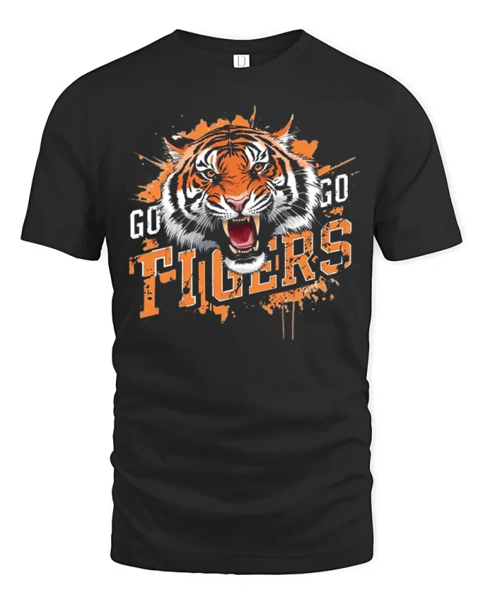 Go Tigers Roaring Bengal Tiger Mascot Graphic Cotton T Shirt - black t-shirt on white background