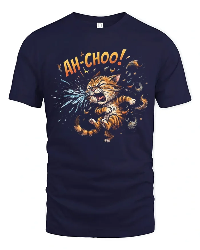 Funny Sneezing Cat Ah Choo Graphic Soft Cotton T Shirt - navy t-shirt on white background