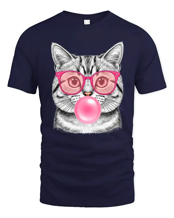 Cute Cat Bubblegum Pink Glasses Graphic Cotton T Shirt - navy t-shirt on white background