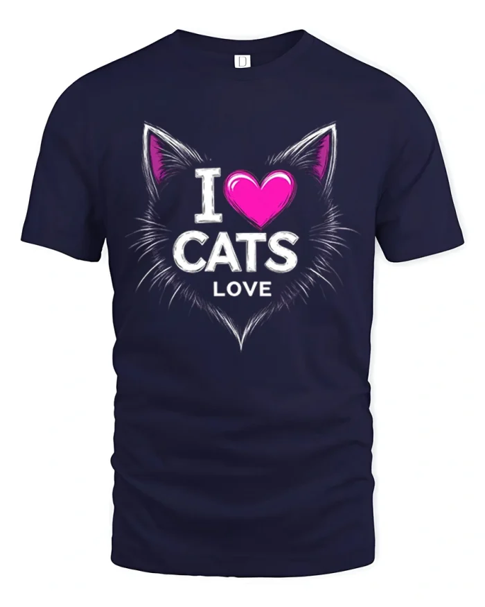 I Love Cats Silhouette Pink Heart Graphic Cotton T Shirt - navy t-shirt on white background