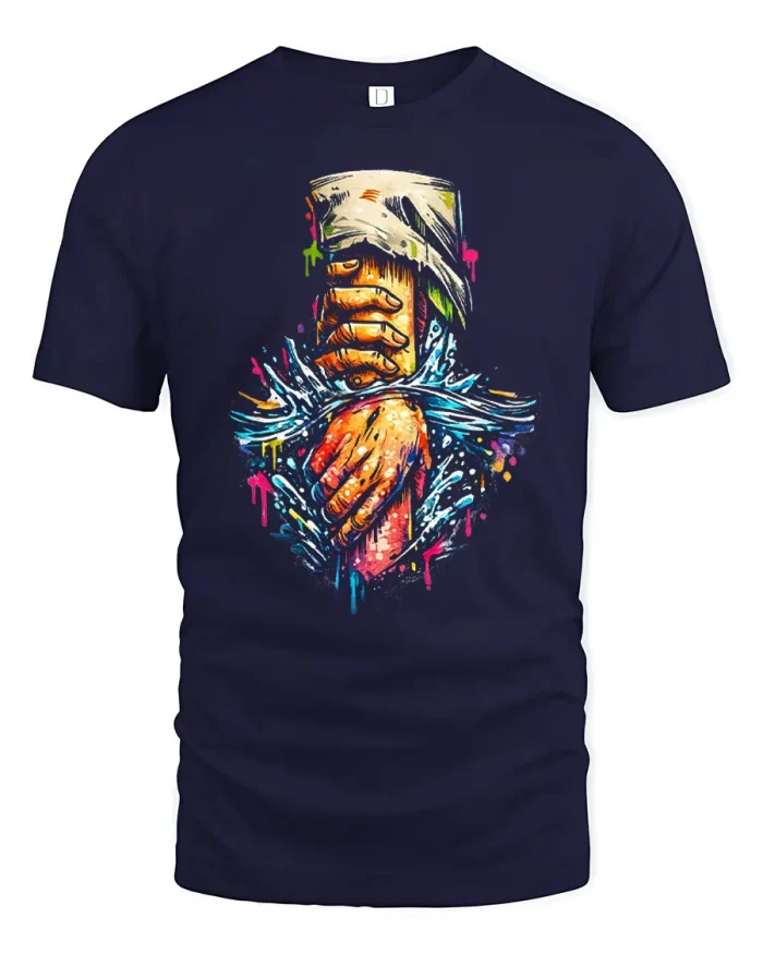 Holding Hands Water Ripple Colorful Art Cotton T Shirt - navy t-shirt on white background