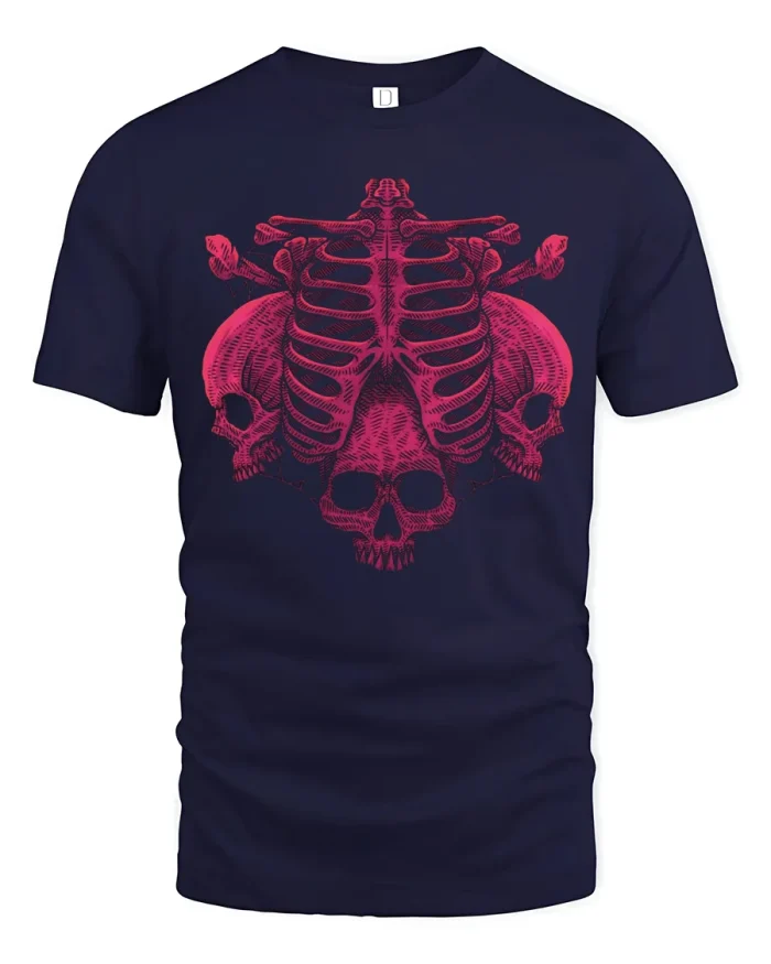Gothic Ribcage Skull Crossbones Pink Graphic Cotton T Shirt - navy t-shirt on white background