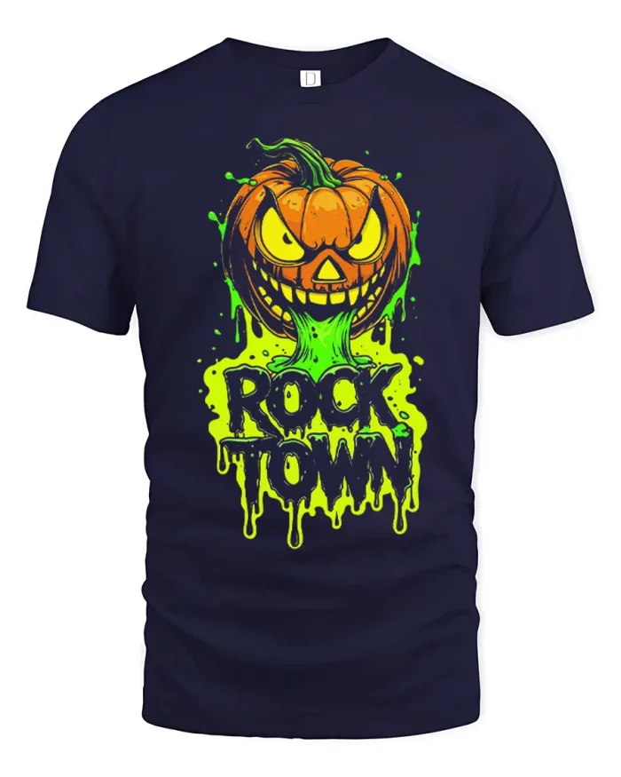 Evil Halloween Pumpkin Rock Town Slime Graphic Cotton T Shirt - navy t-shirt on white background