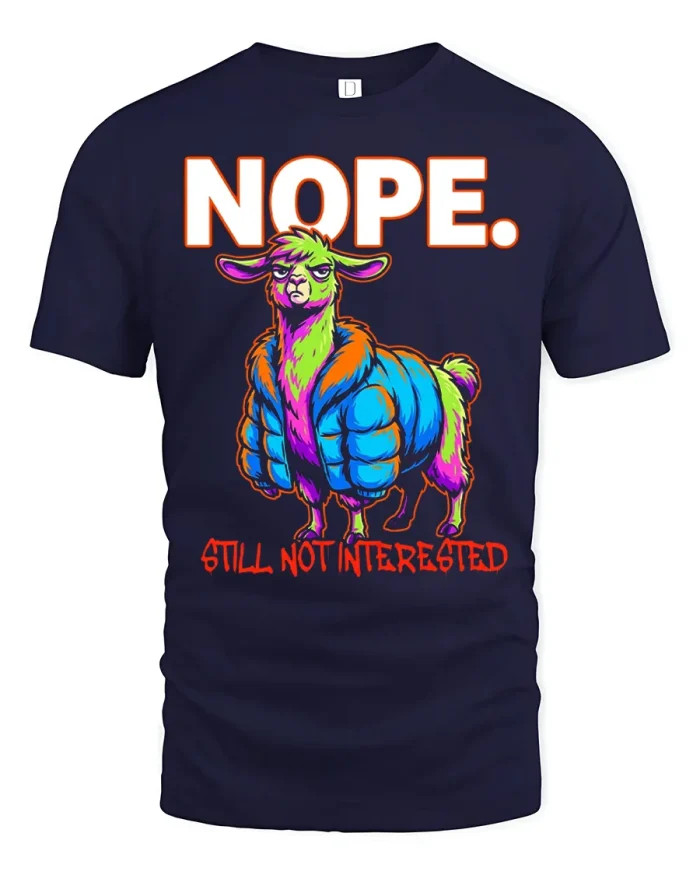 Funny Sarcastic Llama Nope Graphic Soft Cotton T Shirt - navy t-shirt on white background