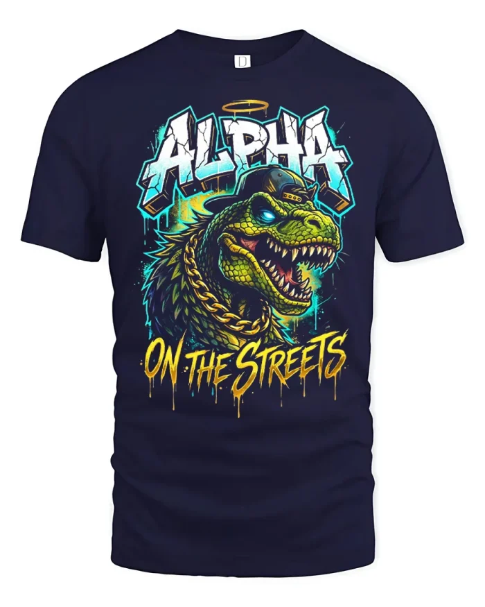 Alpha On The Streets Dinosaur Graffiti Cotton T Shirt - navy t-shirt on white background