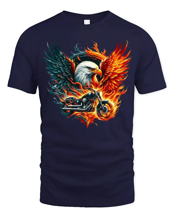 Flaming American Eagle Motorcycle Soft Cotton T Shirt - navy t-shirt on white background