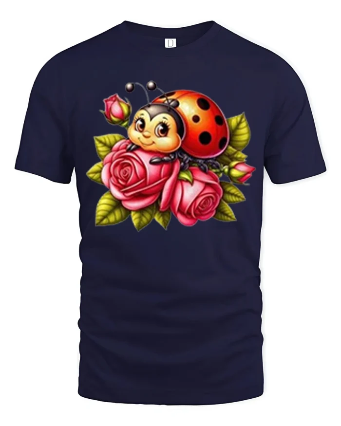 Cute Cartoon Ladybug On Pink Roses Graphic Cotton T Shirt - navy t-shirt on white background