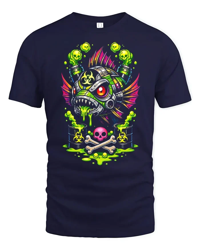 Toxic Radioactive Fish Biohazard Graphic Cotton T Shirt - navy t-shirt on white background