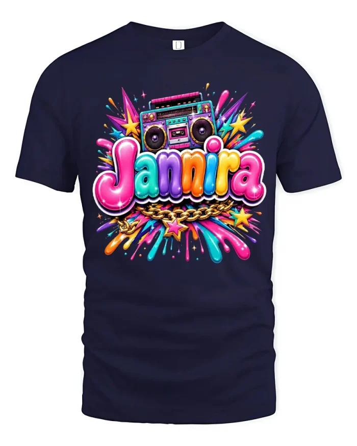 Retro Boombox Jannira Graffiti Art Graphic Cotton T Shirt - navy t-shirt on white background