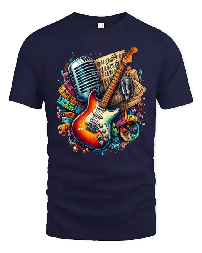 Vintage Electric Guitar Microphone Graphic Cotton T Shirt - navy t-shirt on white background