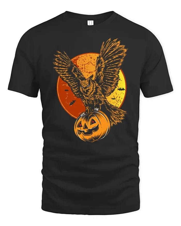 Vintage Halloween Owl Pumpkin Moon Graphic Cotton T Shirt - black t-shirt on white background