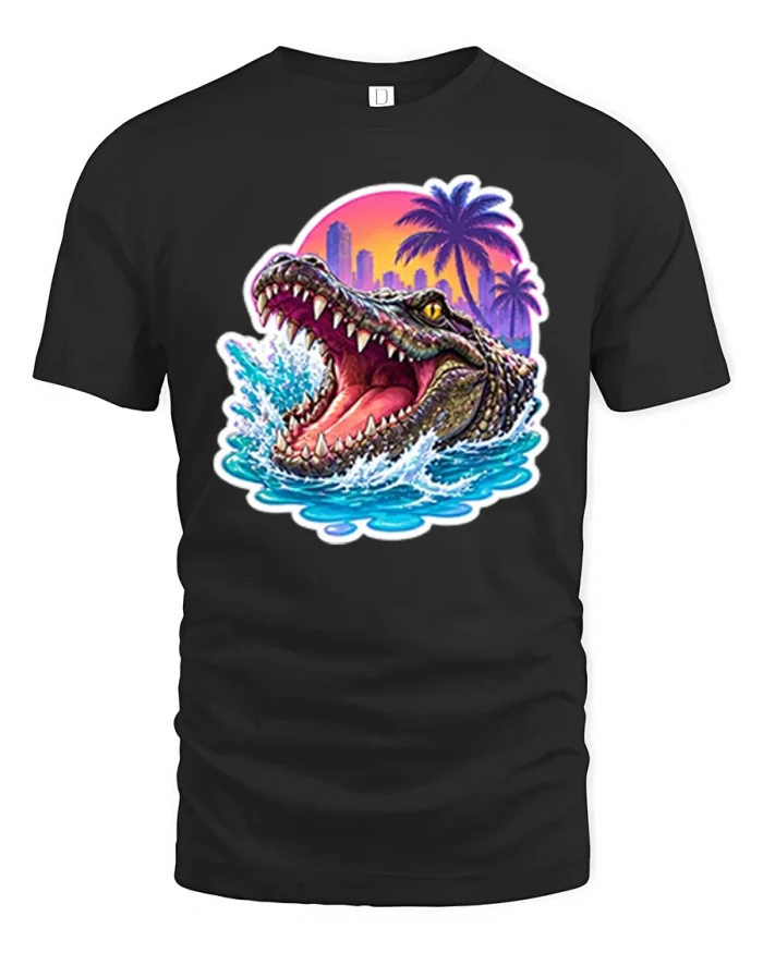 Retro Miami Alligator Synthwave Sunset Graphic Cotton T Shirt - black t-shirt on white background