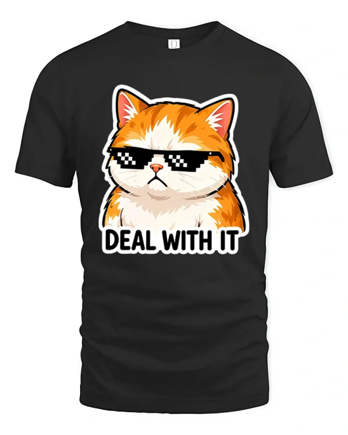 Funny Deal With It Cat Pixel Sunglasses Cotton T Shirt - black t-shirt on white background