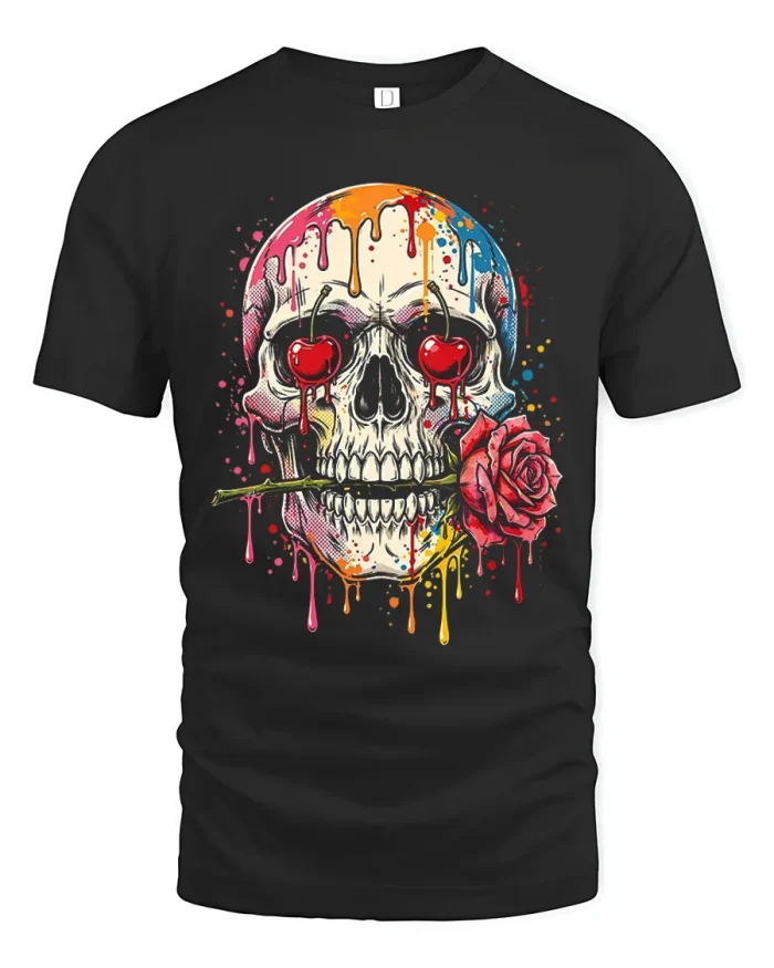 Retro Pop Art Skull Cherry Eyes Rose Graphic Cotton T Shirt - black t-shirt on white background