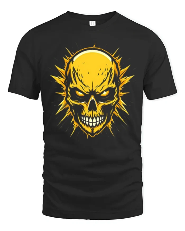 Electric Glowing Yellow Skull Graphic Cotton T Shirt - black t-shirt on white background