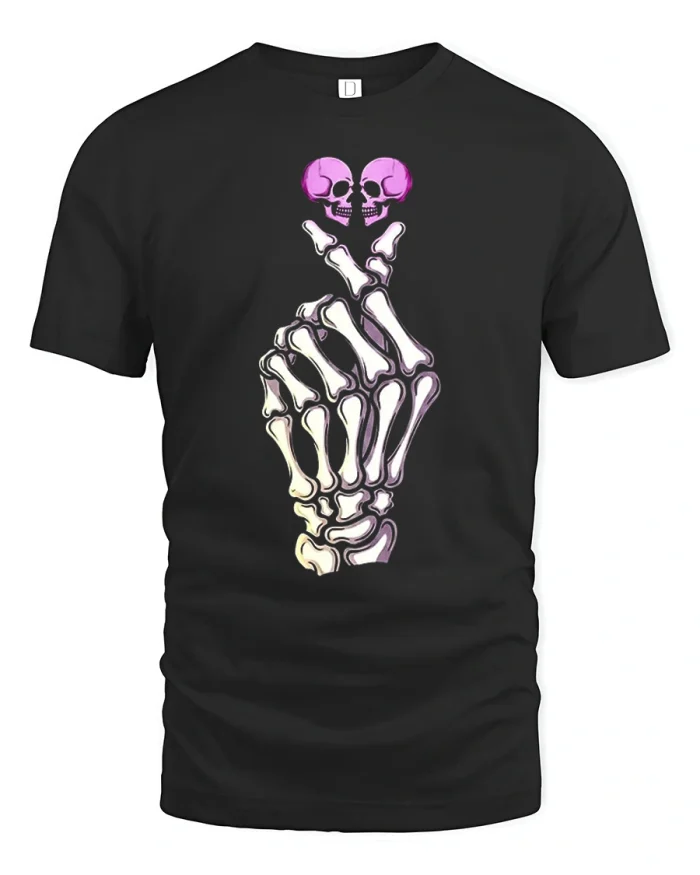 Gothic Skeleton Finger Heart Skull Graphic Cotton T Shirt - black t-shirt on white background