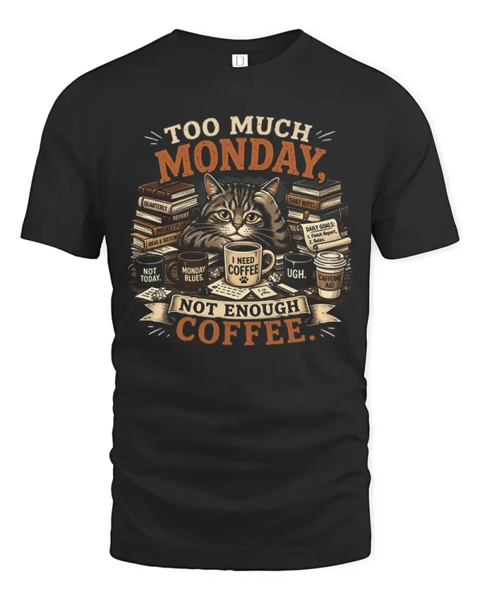 Funny Too Much Monday Not Enough Coffee Cat Cotton T Shirt - black t-shirt on white background