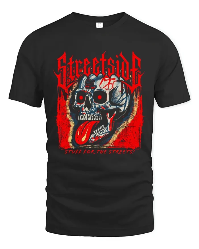 Gothic Red Streetside Skull Graphic Heavy Cotton T Shirt - black t-shirt on white background