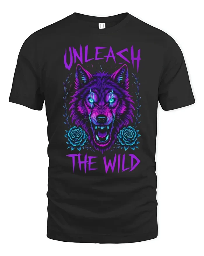 Unleash The Wild Wolf Floral Neon Graphic Cotton T Shirt - black t-shirt on white background