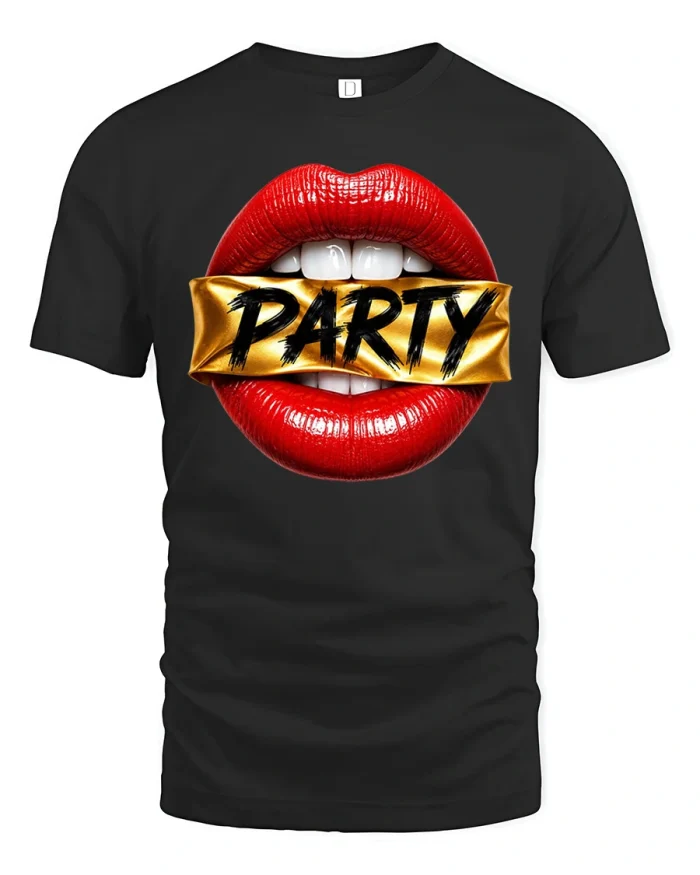 Red Lips Gold Tape Party Pop Art Graphic Cotton T Shirt - black t-shirt on white background