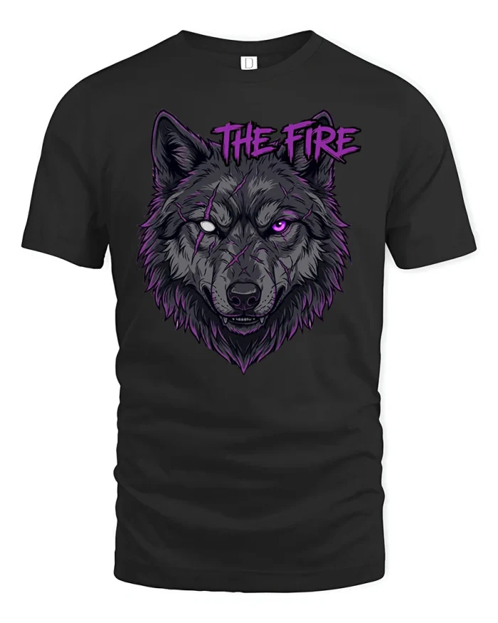 The Fire Battle Scarred Wolf Head Graphic Cotton T Shirt - black t-shirt on white background