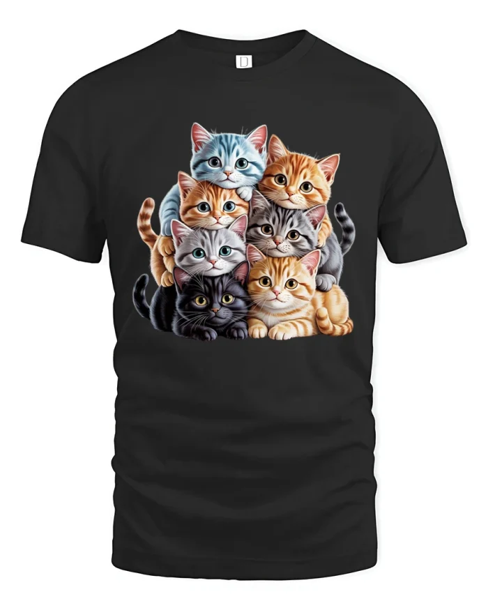 Cute Kitten Pile Cuddle Stack Graphic Soft Cotton T Shirt - black t-shirt on white background
