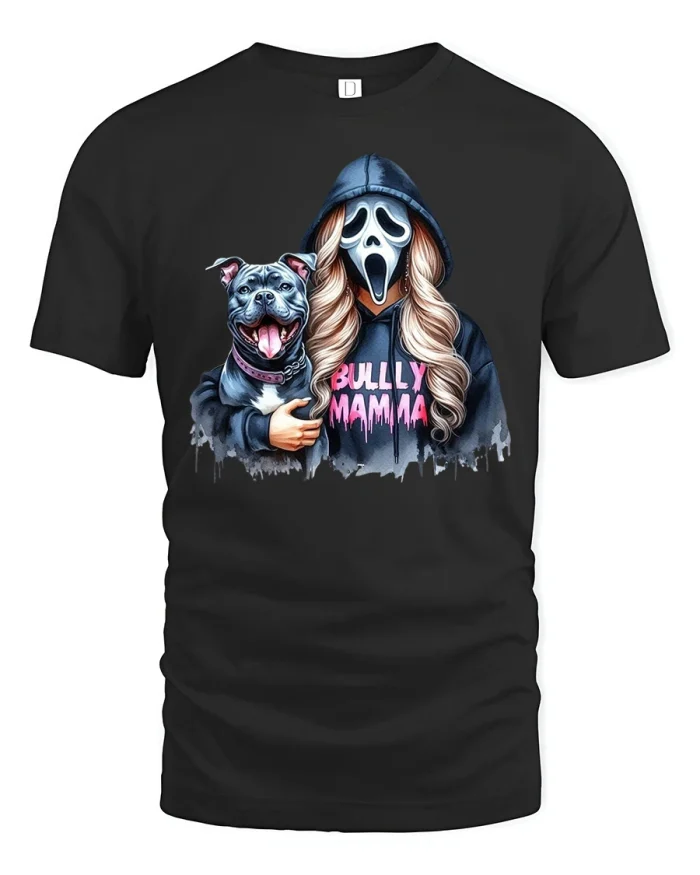 Bully Mamma Ghost Mask Pitbull Dog Soft Cotton T Shirt - black t-shirt on white background