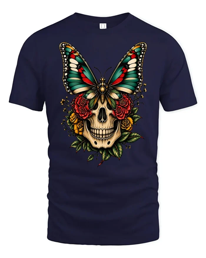 Vintage Skull Butterfly Floral Tattoo Graphic Cotton T Shirt - navy t-shirt on white background