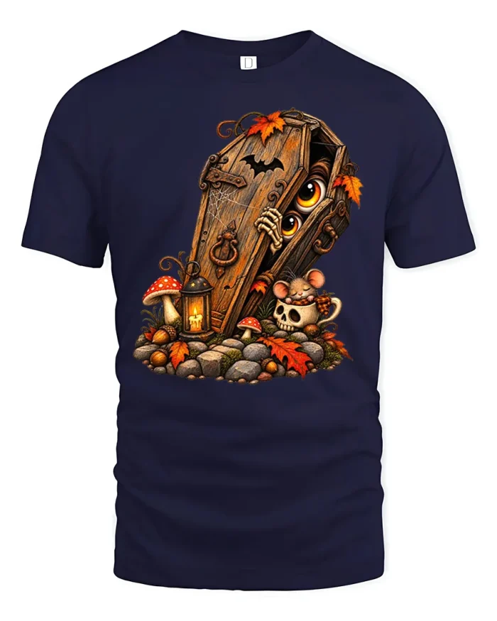 Spooky Coffin Monster Halloween Graphic Cotton T Shirt - navy t-shirt on white background