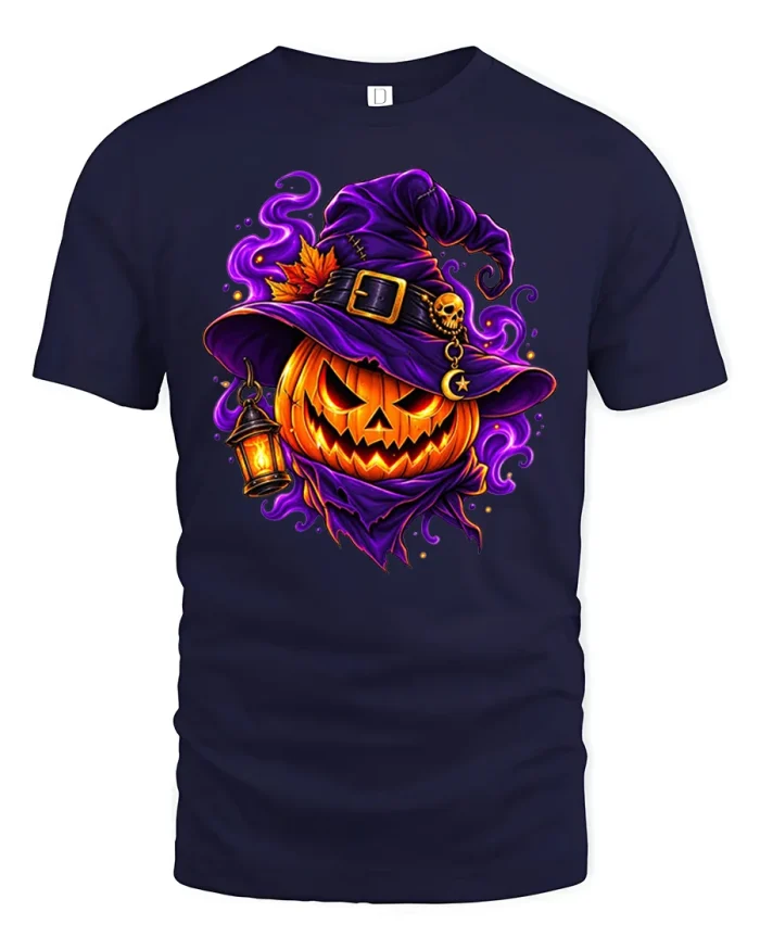 Spooky Witch Hat Halloween Pumpkin Graphic Cotton T Shirt - navy t-shirt on white background