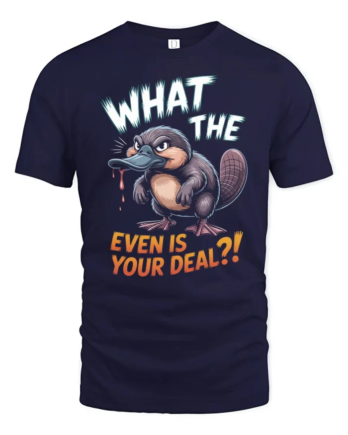Funny Angry Platypus What The Even Is Your Deal T Shirt - navy t-shirt on white background
