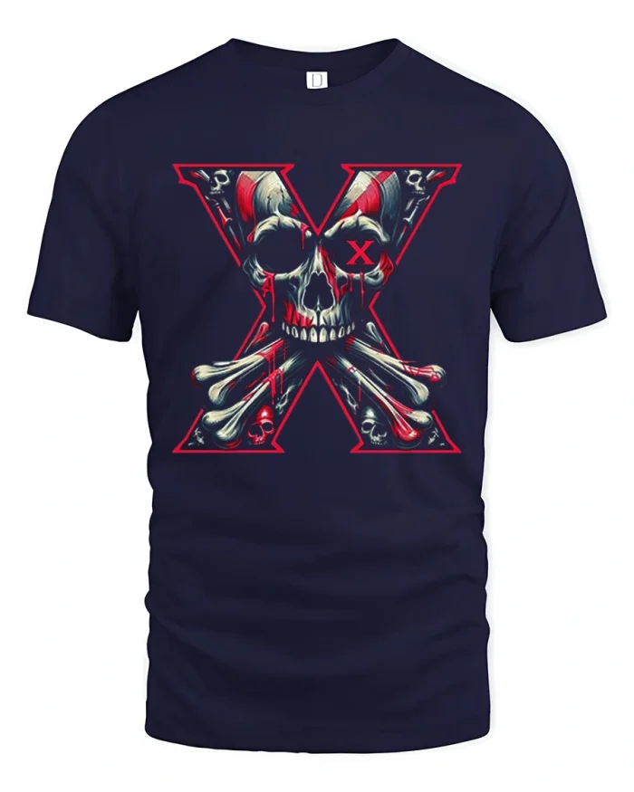 Gothic Red Letter X Skull Crossbones Graphic Cotton T Shirt - navy t-shirt on white background