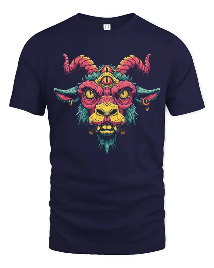 Trippy Psychedelic Baphomet Goat Graphic Cotton T Shirt - navy t-shirt on white background