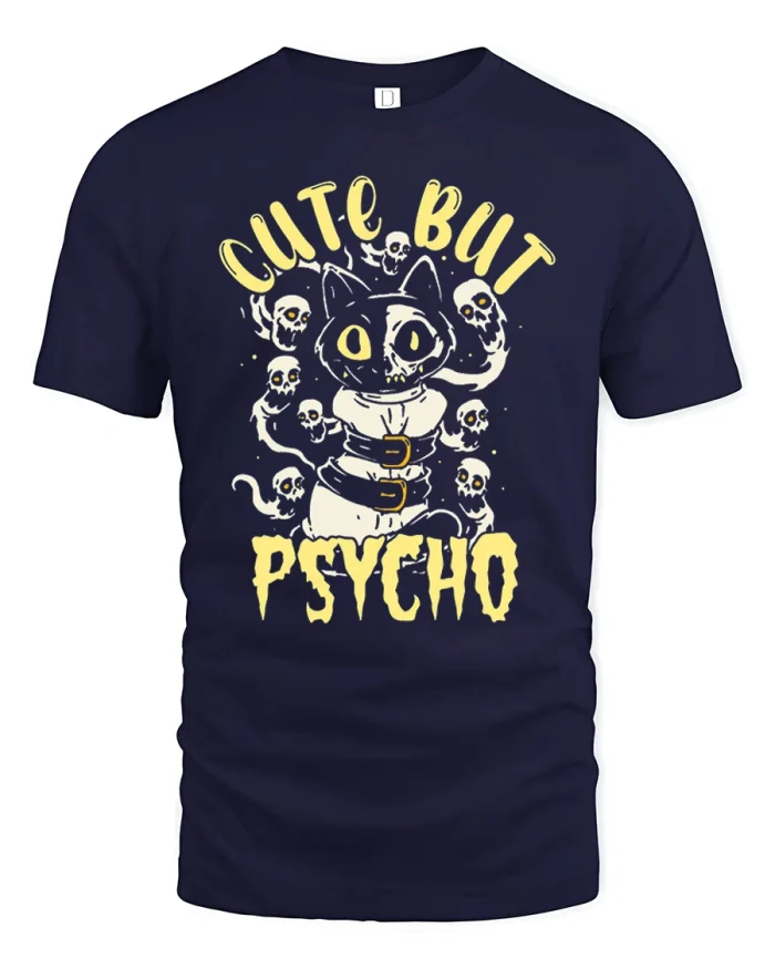 Cute But Psycho Straitjacket Cat Skull Graphic Cotton T Shirt - navy t-shirt on white background