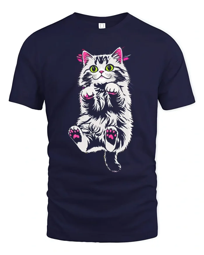 Cute Fluffy Kitty Pink Paws Graphic Soft Cotton T Shirt - navy t-shirt on white background