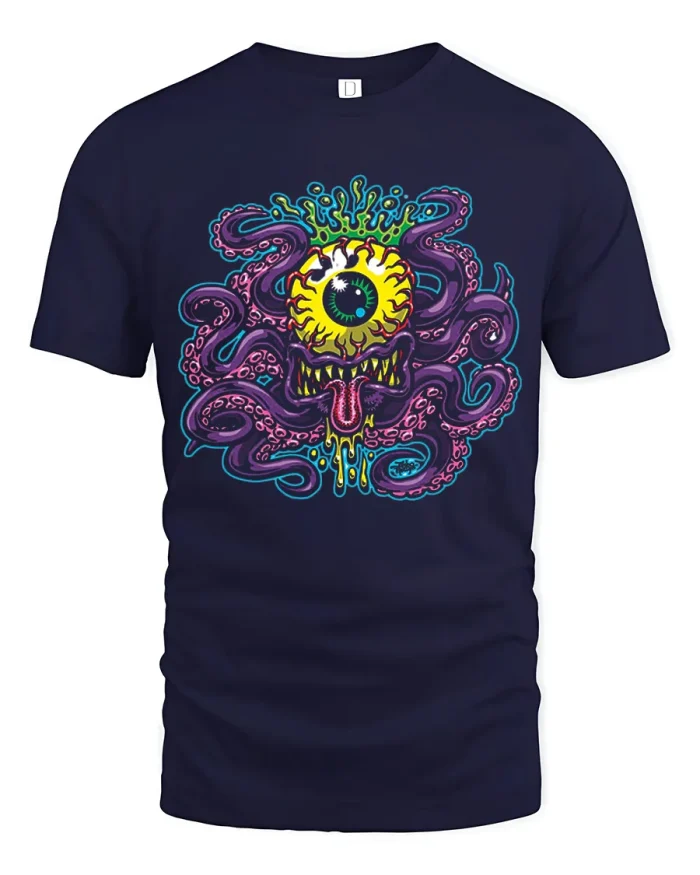 Trippy Eyeball Monster Octopus Tentacles Cotton T Shirt - navy t-shirt on white background