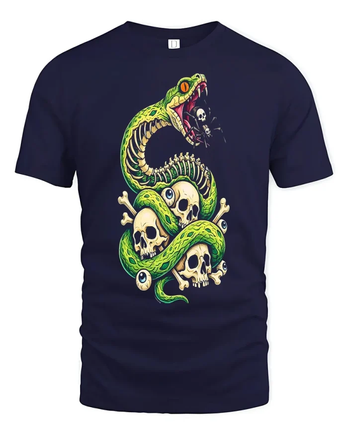 Gothic Green Snake Skeleton Skulls Graphic Cotton T Shirt - navy t-shirt on white background
