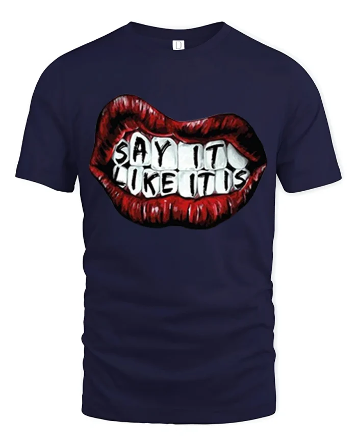 Say It Like It Is Red Lips Teeth Graphic Cotton T Shirt - navy t-shirt on white background