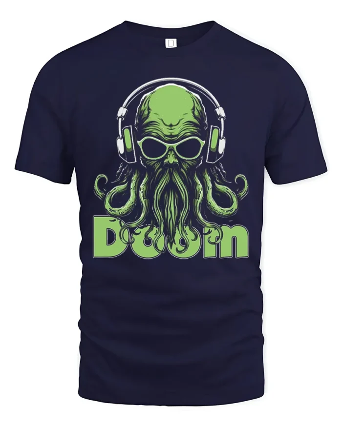 Retro DJ Cthulhu Headphones Doom Graphic Cotton T Shirt - navy t-shirt on white background