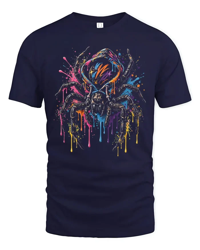 Trippy Spider In Hoodie Paint Drip Graphic Cotton T Shirt - navy t-shirt on white background