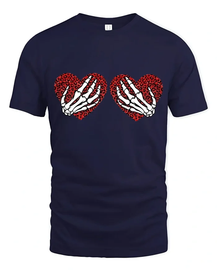 Skeleton Hands Red Leopard Hearts Graphic Cotton T Shirt - navy t-shirt on white background